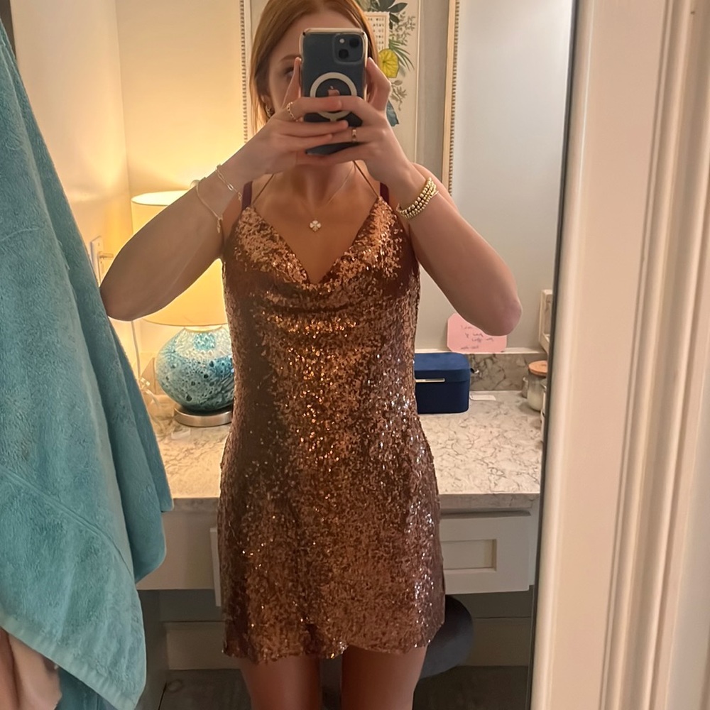 brown sparkly cowl neck slip dress, size xs, brand: here comes the sun